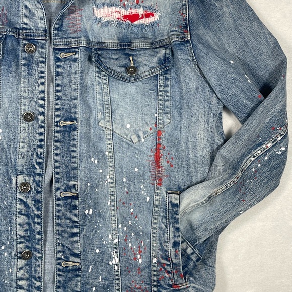 Smoke Rise: Distressed Streetwear Denim Jacket w/Red Accents & frayed details - Picture 3 of 14